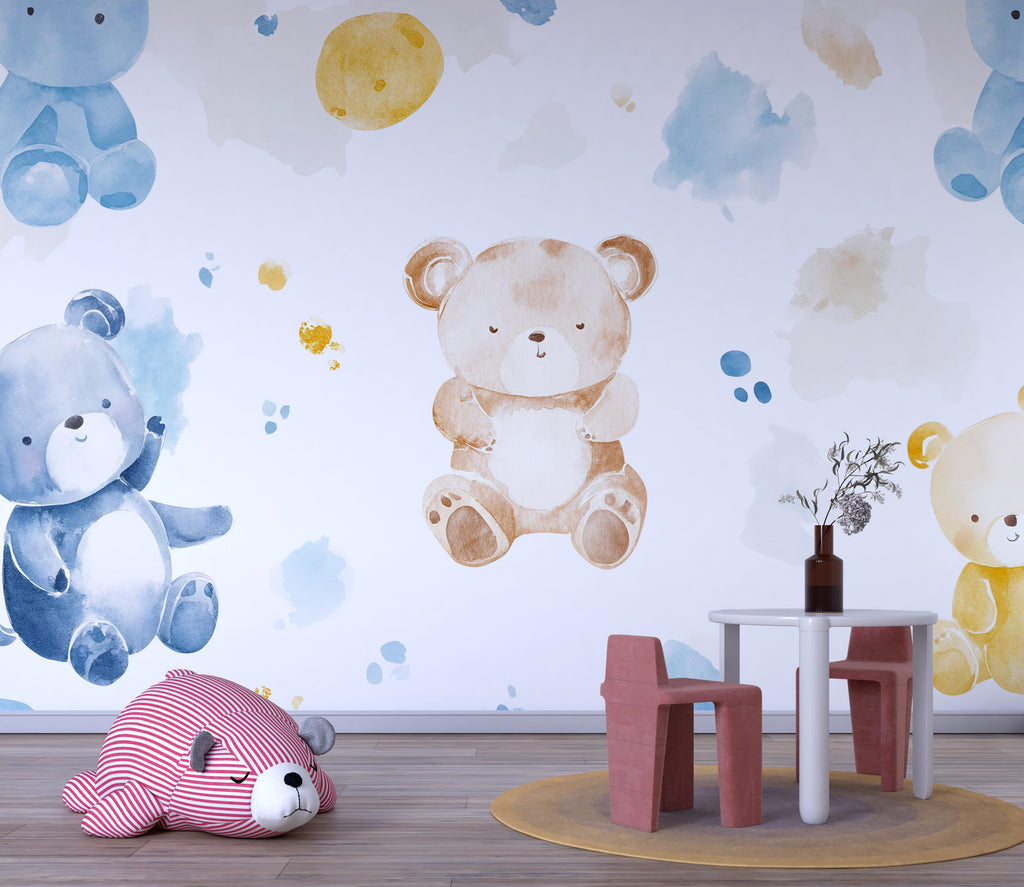 Teddy Bear Nursery Wall Mural – Watercolor Bear Wallpaper for Baby Room | Gender Neutral Kids Room Decor