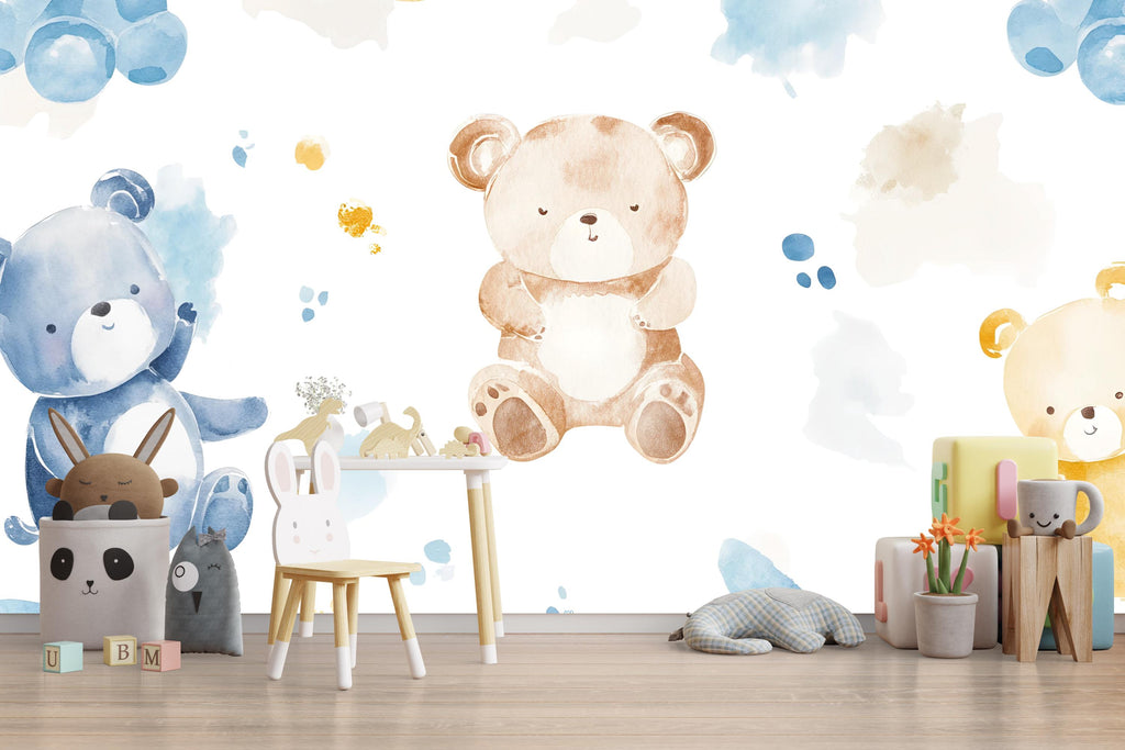 Teddy Bear Nursery Wall Mural – Watercolor Bear Wallpaper for Baby Room | Gender Neutral Kids Room Decor