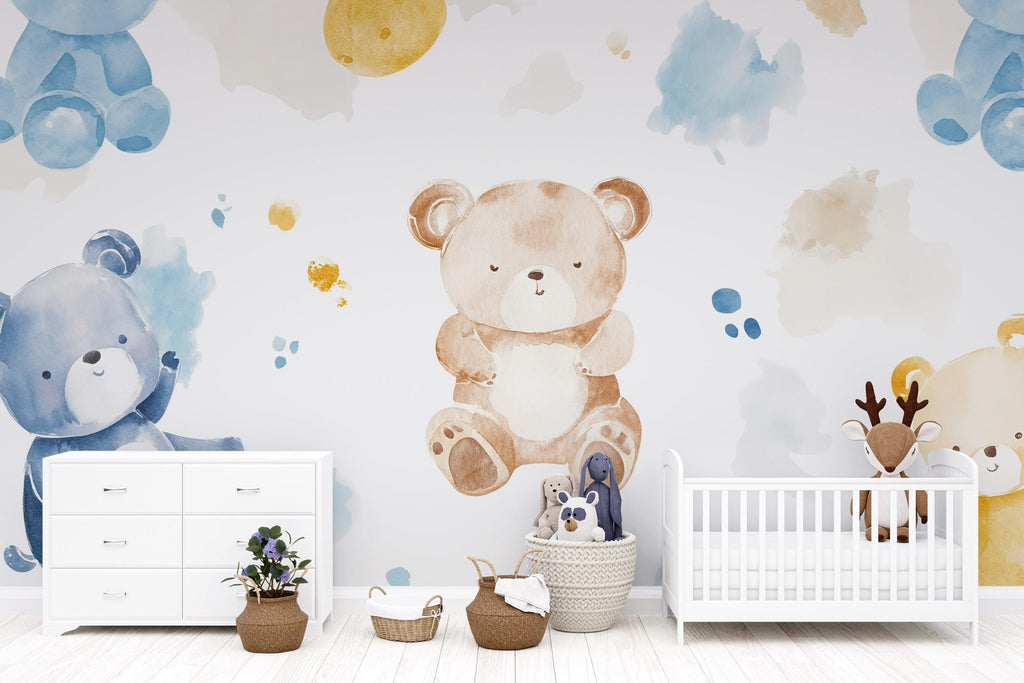 Teddy Bear Nursery Wall Mural – Watercolor Bear Wallpaper for Baby Room | Gender Neutral Kids Room Decor