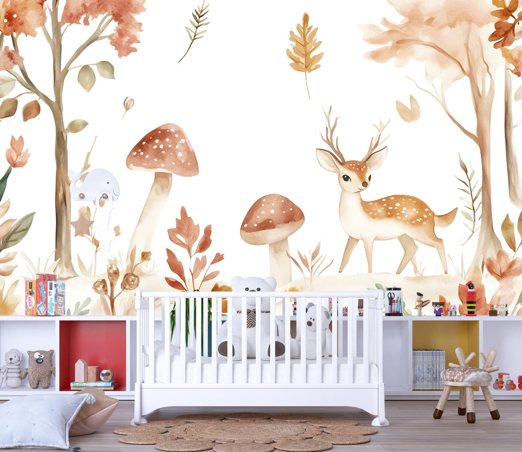 Woodland Deer Nursery Wall Mural – Watercolor Forest Animal Wallpaper | Kids Room & Baby Room Peel and Stick Decor