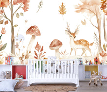 Load image into Gallery viewer, Woodland Deer Nursery Wall Mural – Watercolor Forest Animal Wallpaper | Kids Room &amp; Baby Room Peel and Stick Decor