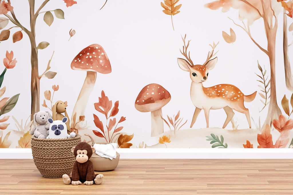 Woodland Deer Nursery Wall Mural – Watercolor Forest Animal Wallpaper | Kids Room & Baby Room Peel and Stick Decor