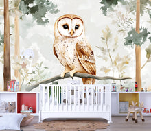 Load image into Gallery viewer, Barn Owl Nursery Wall Mural – Watercolor Forest Animal Wallpaper | Woodland Baby Room &amp; Kids Room Decor
