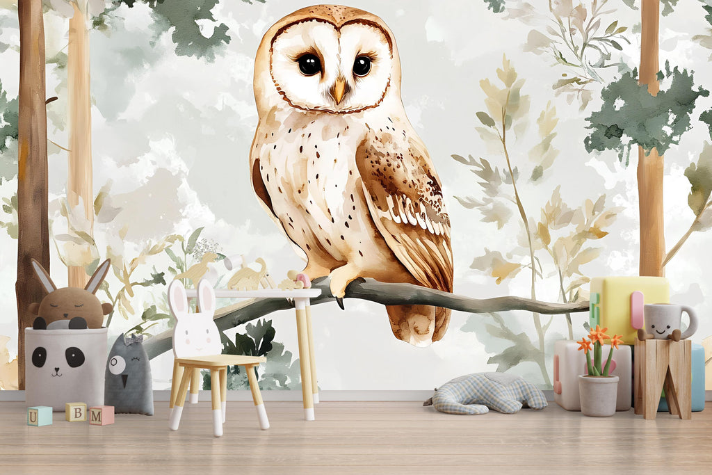 Barn Owl Nursery Wall Mural – Watercolor Forest Animal Wallpaper | Woodland Baby Room & Kids Room Decor