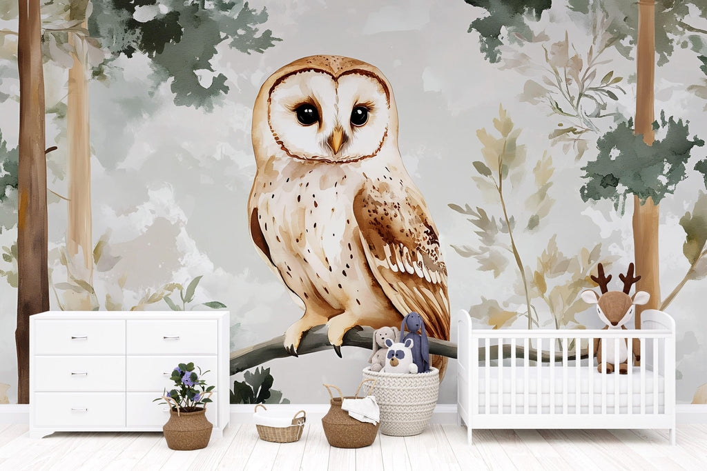 Barn Owl Nursery Wall Mural – Watercolor Forest Animal Wallpaper | Woodland Baby Room & Kids Room Decor