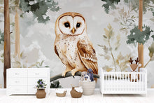 Load image into Gallery viewer, Barn Owl Nursery Wall Mural – Watercolor Forest Animal Wallpaper | Woodland Baby Room &amp; Kids Room Decor