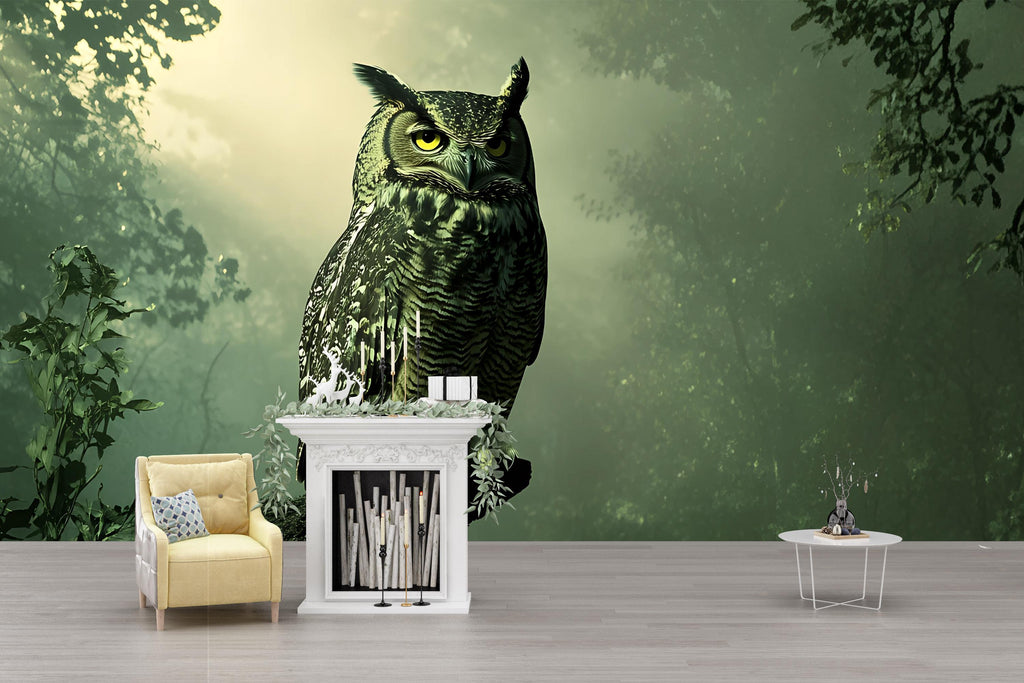 Dark Forest Owl Wall Mural – Moody Green Nature Wallpaper | Gothic Wildlife Decor for Living Room, Study, or Cabin
