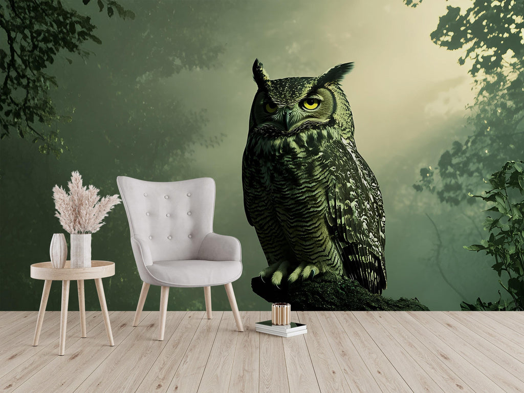 Dark Forest Owl Wall Mural – Moody Green Nature Wallpaper | Gothic Wildlife Decor for Living Room, Study, or Cabin