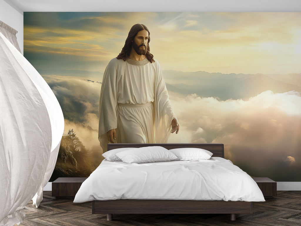Serene Jesus Christ Wall Mural – Peaceful Christian Decor, Spiritual Home Accent, Perfect Easter & Christmas Gift, Cloud Landscape Art
