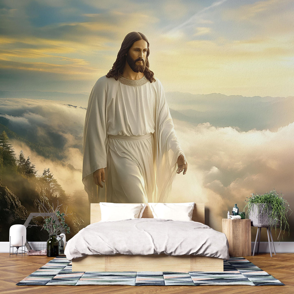Serene Jesus Christ Wall Mural – Peaceful Christian Decor, Spiritual Home Accent, Perfect Easter & Christmas Gift, Cloud Landscape Art