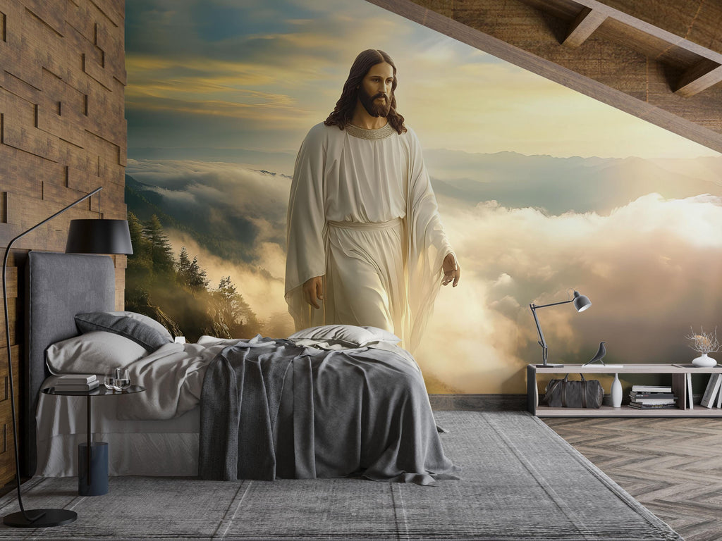Serene Jesus Christ Wall Mural – Peaceful Christian Decor, Spiritual Home Accent, Perfect Easter & Christmas Gift, Cloud Landscape Art