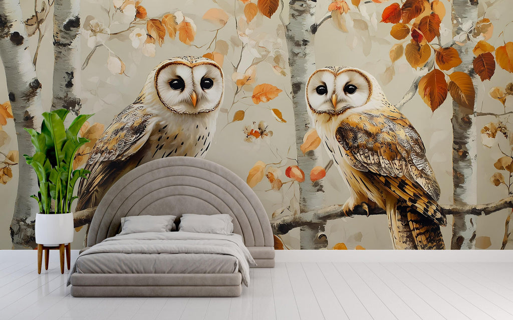 Barn Owl Wall Mural – Autumn Birch Forest Wallpaper with Twin Owls | Woodland Bedroom Accent Mural