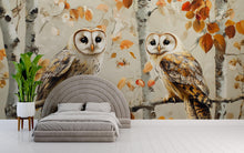 Load image into Gallery viewer, Barn Owl Wall Mural – Autumn Birch Forest Wallpaper with Twin Owls | Woodland Bedroom Accent Mural