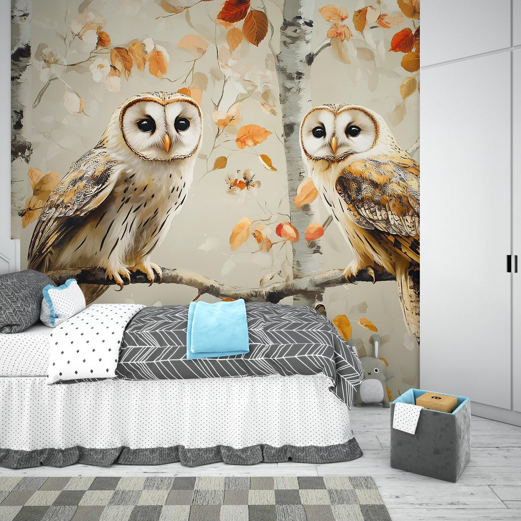 Barn Owl Wall Mural – Autumn Birch Forest Wallpaper with Twin Owls | Woodland Bedroom Accent Mural