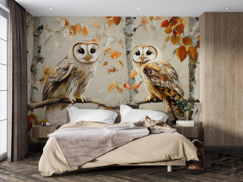 Barn Owl Wall Mural – Autumn Birch Forest Wallpaper with Twin Owls | Woodland Bedroom Accent Mural