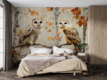 Load image into Gallery viewer, Barn Owl Wall Mural – Autumn Birch Forest Wallpaper with Twin Owls | Woodland Bedroom Accent Mural