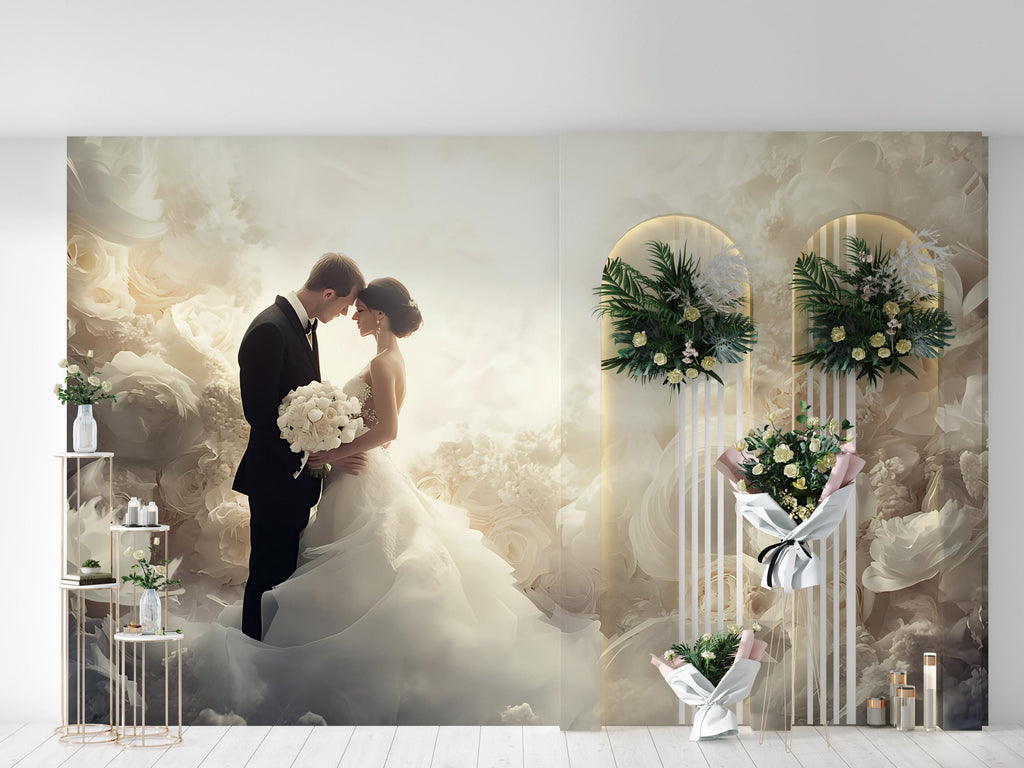 Custom Wedding Wall Mural with Names & Date – Romantic Floral Backdrop, Personalized Wedding Gift, Elegant Photo Wall Decor