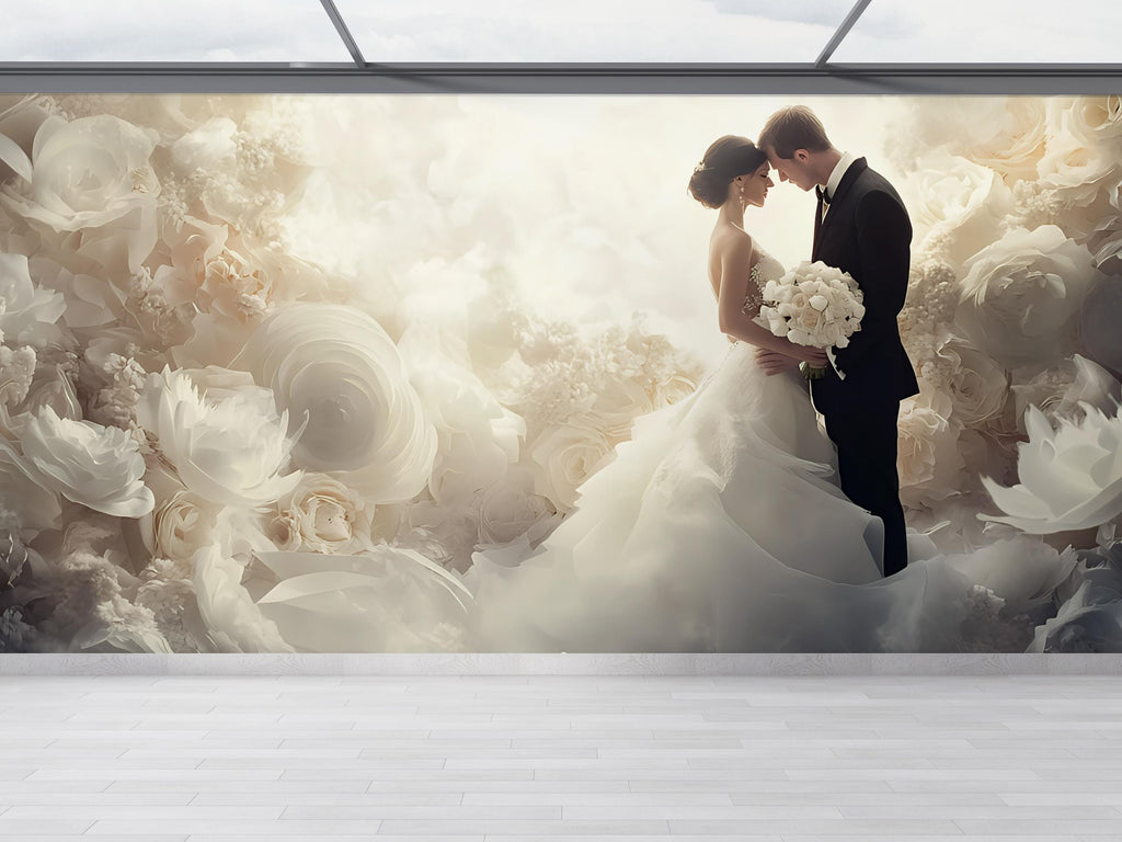 Custom Wedding Wall Mural with Names & Date – Romantic Floral Backdrop, Personalized Wedding Gift, Elegant Photo Wall Decor