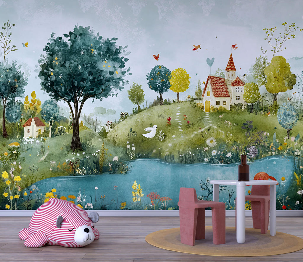 Whimsical Forest Nursery Wall Mural – Baby Room Décor – Gender Neutral Kids Wallpaper – Baby Shower Gift – Playroom Wall Art