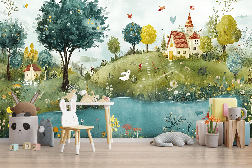 Whimsical Forest Nursery Wall Mural – Baby Room Décor – Gender Neutral Kids Wallpaper – Baby Shower Gift – Playroom Wall Art