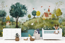 Load image into Gallery viewer, Whimsical Forest Nursery Wall Mural – Baby Room Décor – Gender Neutral Kids Wallpaper – Baby Shower Gift – Playroom Wall Art
