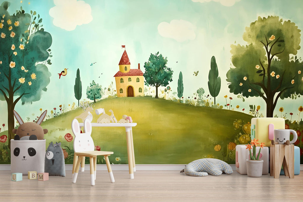Countryside Storybook Nursery Wall Mural – Whimsical Baby Room Decor – Gender Neutral Playroom – Baby Shower Gift – Nursery Art