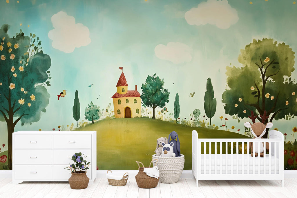 Countryside Storybook Nursery Wall Mural – Whimsical Baby Room Decor – Gender Neutral Playroom – Baby Shower Gift – Nursery Art