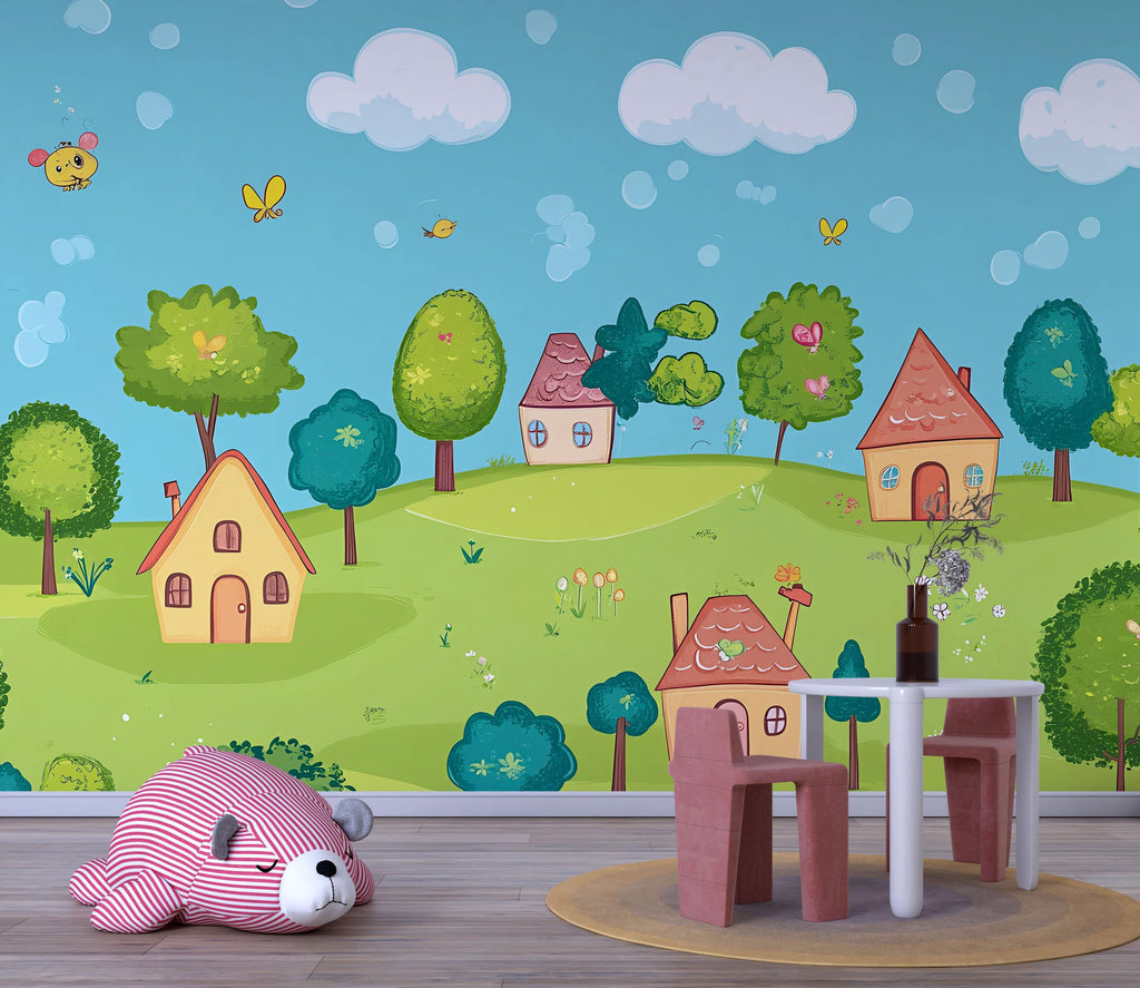 Colorful Cartoon Village Nursery Wall Mural – Baby Room Decor – Gender Neutral Playroom Art – Baby Shower Gift – Kids Room Wall Art