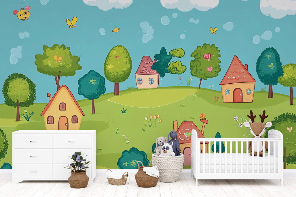 Colorful Cartoon Village Nursery Wall Mural – Baby Room Decor – Gender Neutral Playroom Art – Baby Shower Gift – Kids Room Wall Art