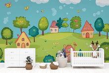 Load image into Gallery viewer, Colorful Cartoon Village Nursery Wall Mural – Baby Room Decor – Gender Neutral Playroom Art – Baby Shower Gift – Kids Room Wall Art