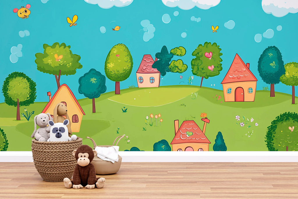 Colorful Cartoon Village Nursery Wall Mural – Baby Room Decor – Gender Neutral Playroom Art – Baby Shower Gift – Kids Room Wall Art