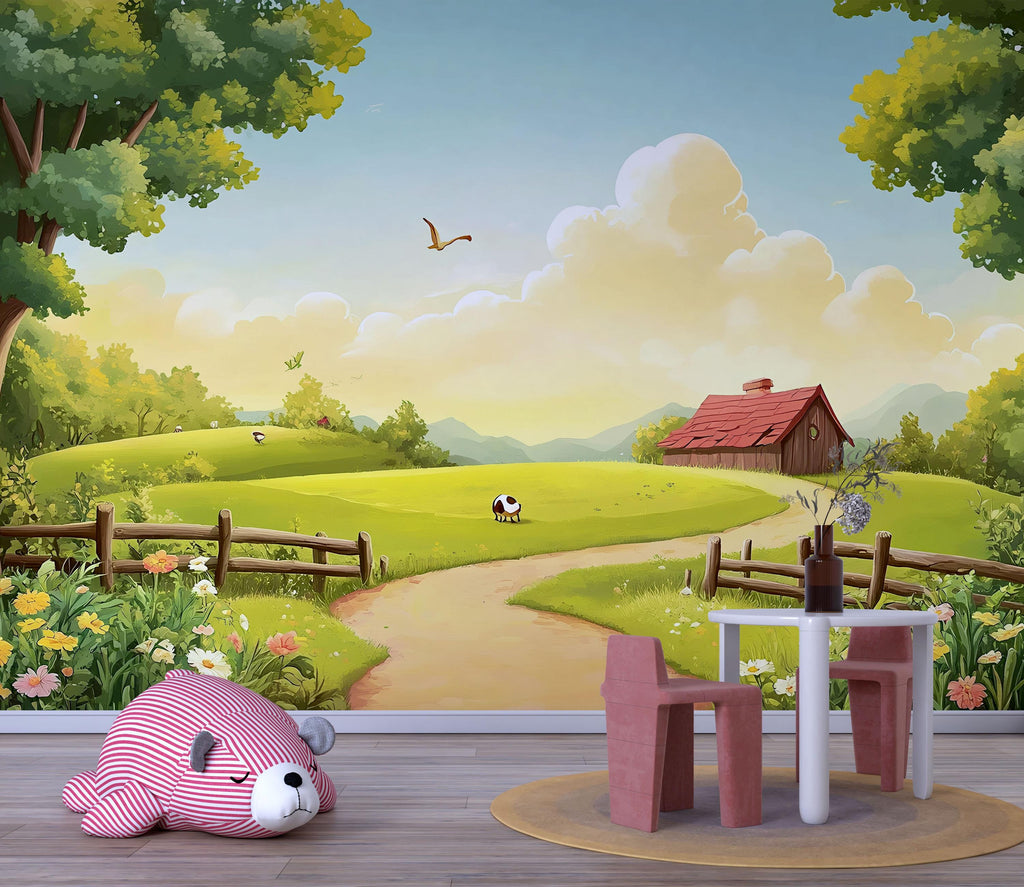 Countryside Farmhouse Nursery Wall Mural – Baby Room Decor – Gender Neutral Playroom Art – Baby Shower Gift – Kids Room Wall Art