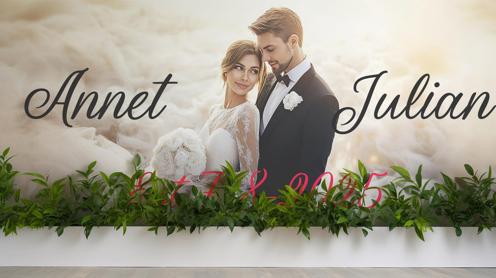 Custom Wedding Photo Backdrop Wall Mural – Personalized Bride & Groom Names and Date – Elegant Wedding Gift – Upload Your Photo