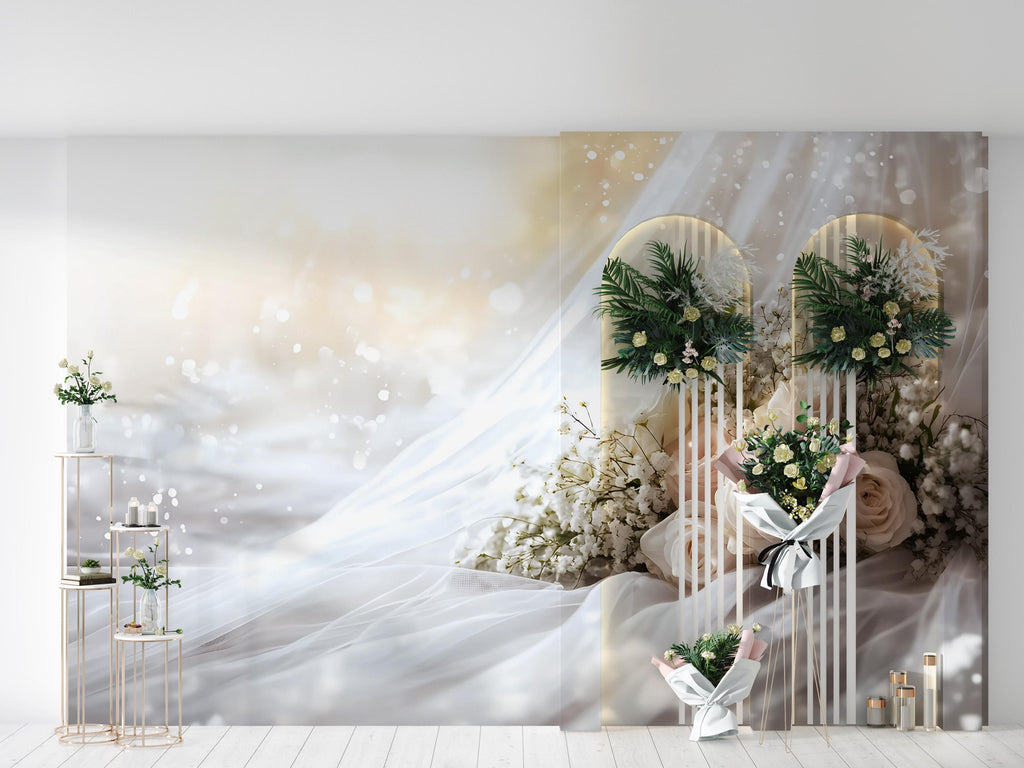 Custom Wedding Backdrop Wall Mural – Personalized Name & Date Gift | Elegant Rose Bouquet Photo Prop | Bridal Shower or Reception Decor