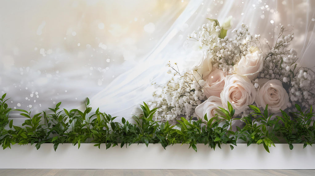 Custom Wedding Backdrop Wall Mural – Personalized Name & Date Gift | Elegant Rose Bouquet Photo Prop | Bridal Shower or Reception Decor