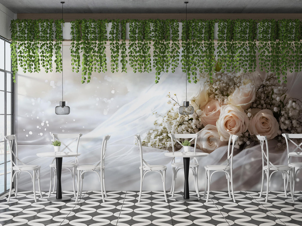 Custom Wedding Backdrop Wall Mural – Personalized Name & Date Gift | Elegant Rose Bouquet Photo Prop | Bridal Shower or Reception Decor