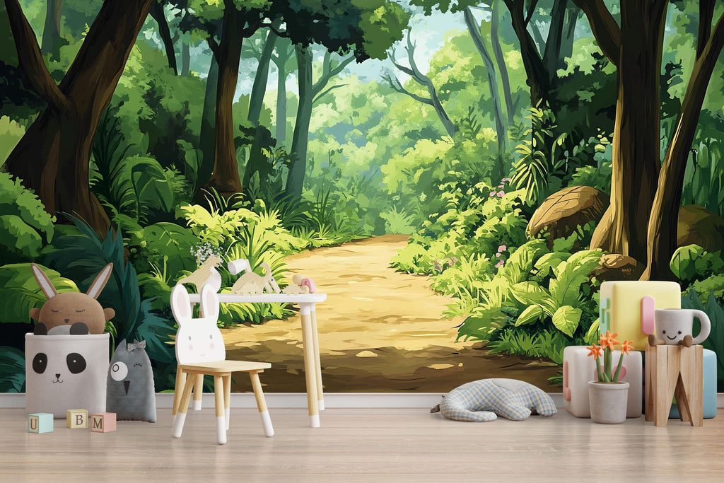 Lush Jungle Nursery Wall Mural – Baby Room Decor – Gender Neutral Playroom Art – Baby Shower Gift – Kids Room Wall Art – Jungle Path Mural