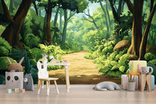 Load image into Gallery viewer, Lush Jungle Nursery Wall Mural – Baby Room Decor – Gender Neutral Playroom Art – Baby Shower Gift – Kids Room Wall Art – Jungle Path Mural
