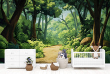 Load image into Gallery viewer, Lush Jungle Nursery Wall Mural – Baby Room Decor – Gender Neutral Playroom Art – Baby Shower Gift – Kids Room Wall Art – Jungle Path Mural