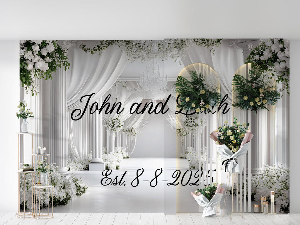 Custom Wedding Backdrop | Elegant White Floral Arch Mural | Personalized with Names & Date | Wedding Gift or Photo Wall