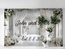 Load image into Gallery viewer, Custom Wedding Backdrop | Elegant White Floral Arch Mural | Personalized with Names &amp; Date | Wedding Gift or Photo Wall