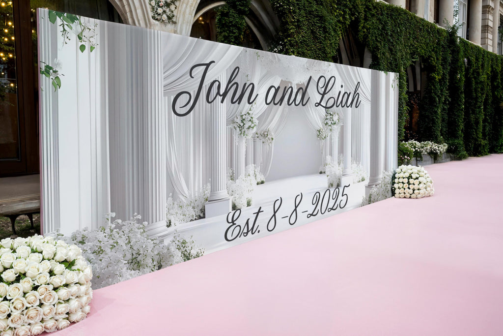 Custom Wedding Backdrop | Elegant White Floral Arch Mural | Personalized with Names & Date | Wedding Gift or Photo Wall