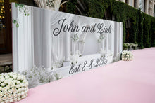 Load image into Gallery viewer, Custom Wedding Backdrop | Elegant White Floral Arch Mural | Personalized with Names &amp; Date | Wedding Gift or Photo Wall