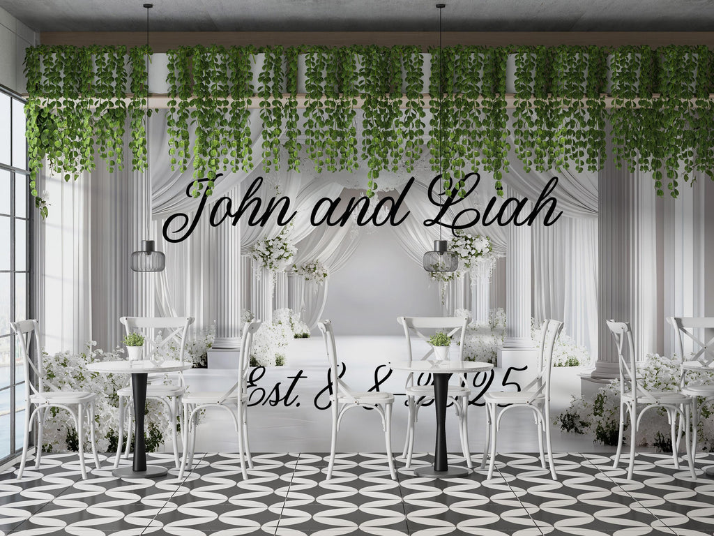 Custom Wedding Backdrop | Elegant White Floral Arch Mural | Personalized with Names & Date | Wedding Gift or Photo Wall
