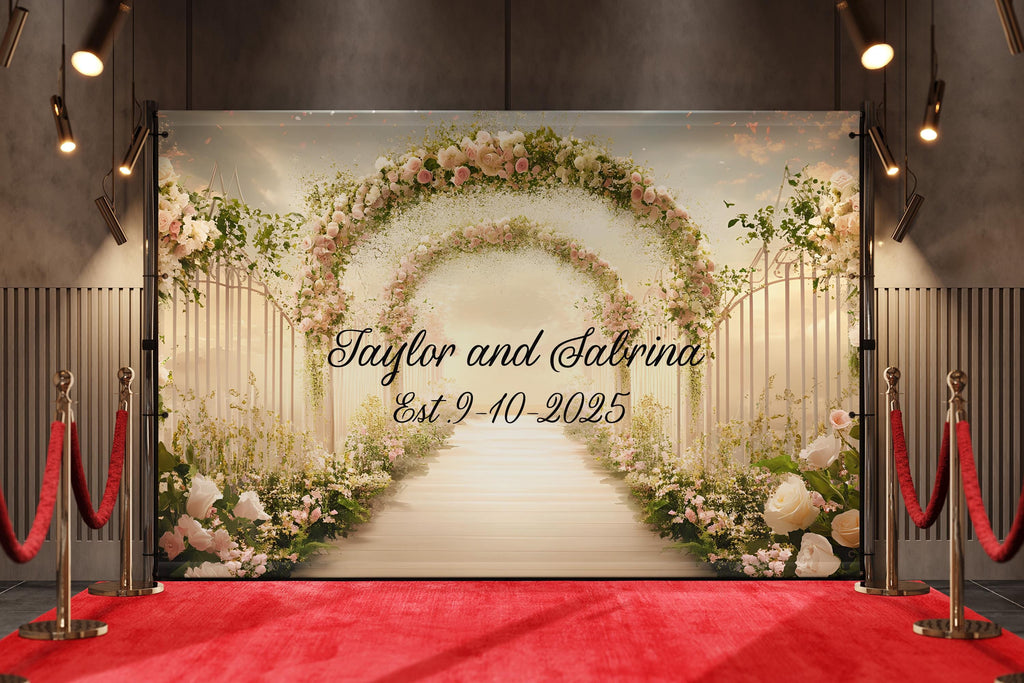 Custom Floral Arch Wedding Backdrop | Personalized Name & Date Mural | Romantic Garden Wedding Gift | Photo Wall Decor