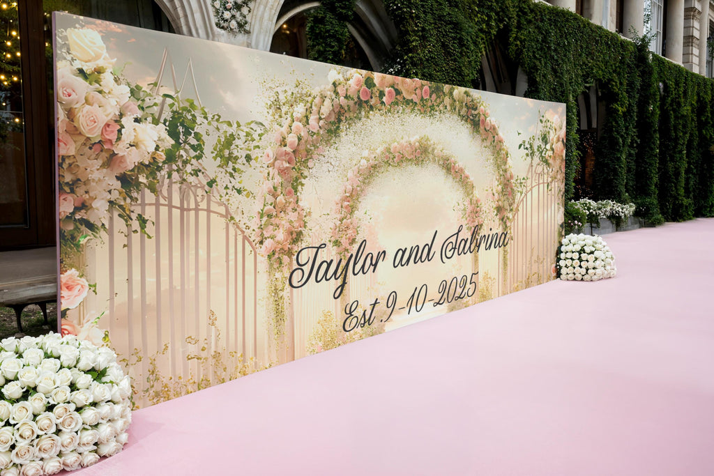 Custom Floral Arch Wedding Backdrop | Personalized Name & Date Mural | Romantic Garden Wedding Gift | Photo Wall Decor