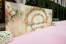 Load image into Gallery viewer, Custom Floral Arch Wedding Backdrop | Personalized Name &amp; Date Mural | Romantic Garden Wedding Gift | Photo Wall Decor