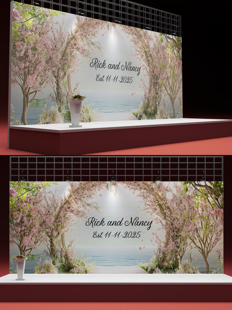 Cherry Blossom Wedding Mural | Custom Names & Date Wall Art | Romantic Ocean View Backdrop | Personalized Wedding Gift Decor