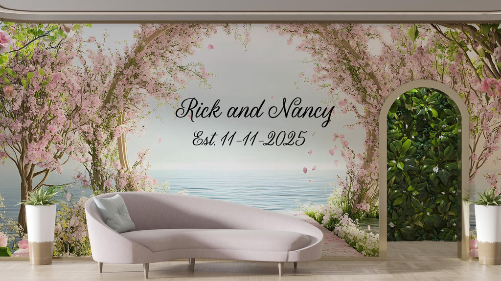 Cherry Blossom Wedding Mural | Custom Names & Date Wall Art | Romantic Ocean View Backdrop | Personalized Wedding Gift Decor
