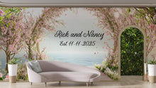 Load image into Gallery viewer, Cherry Blossom Wedding Mural | Custom Names &amp; Date Wall Art | Romantic Ocean View Backdrop | Personalized Wedding Gift Decor